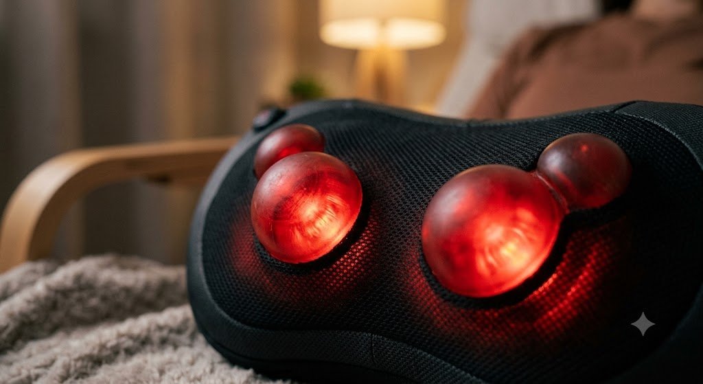 Detalhe das esferas rotativas de um massageador cervical com função calor