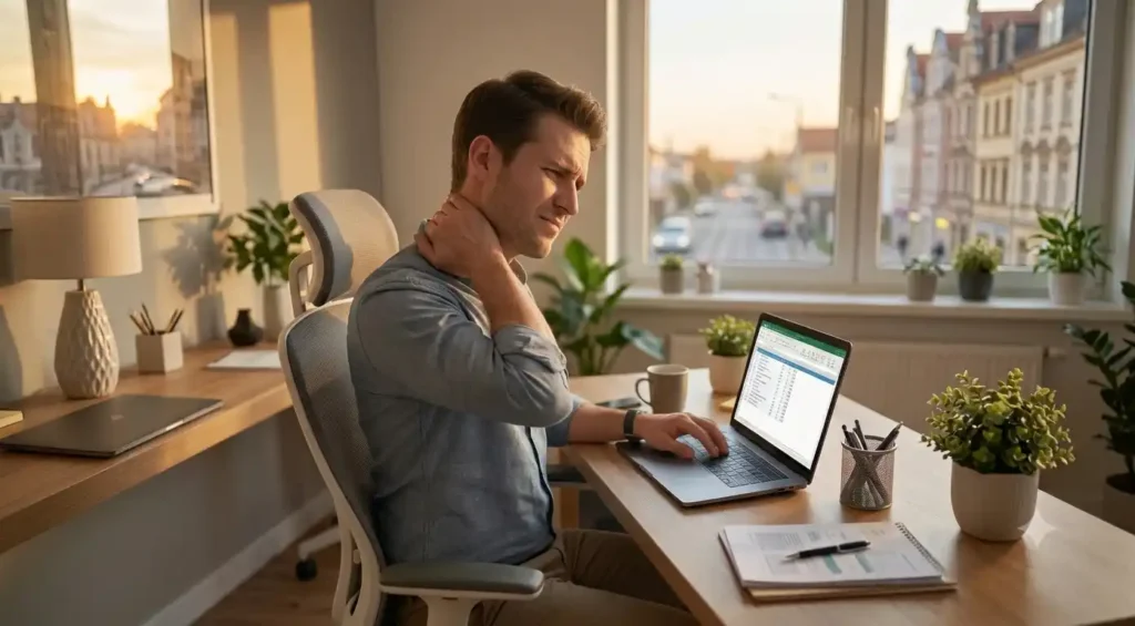 Homem trabalhando em Home Office sentindo desconforto no pescoço