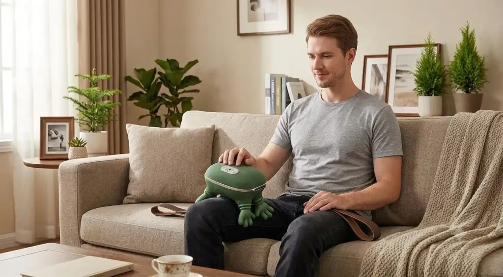 Homem usando massageador mãozinha na coxa