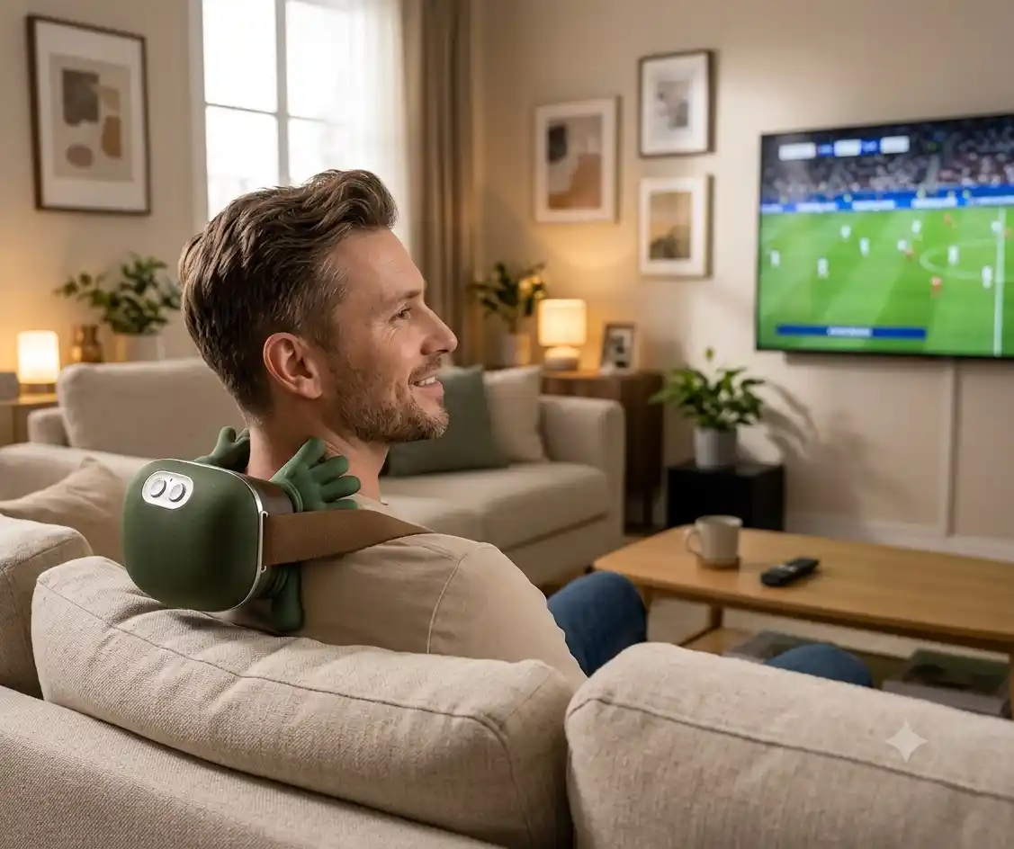 Homem Assistindo Televisão Usando Massageador Cervical Mãozinha