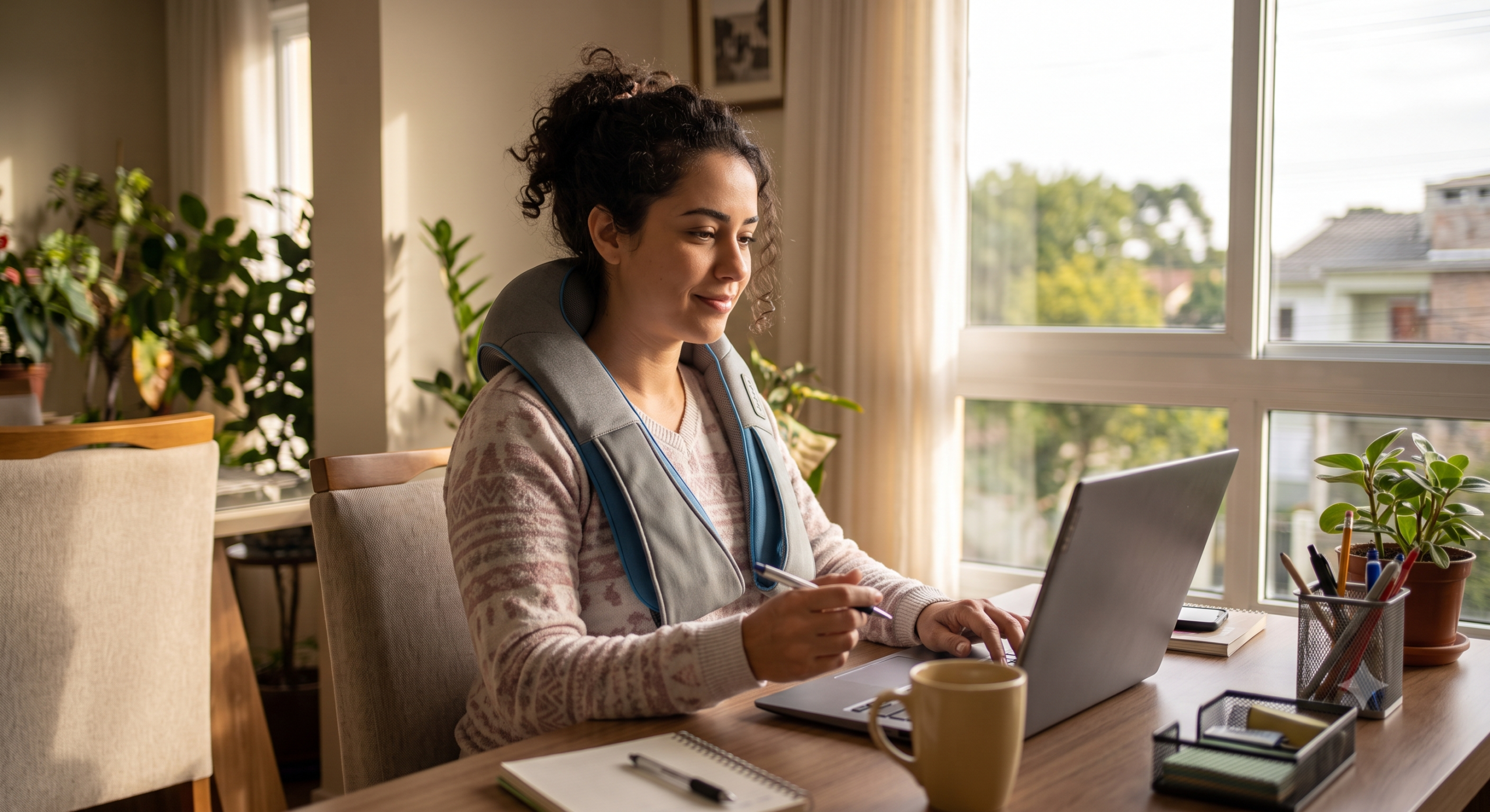Mulher sorrindo trabalhando em home office com notebook enquanto usa um massageador cervical inflável no pescoço.