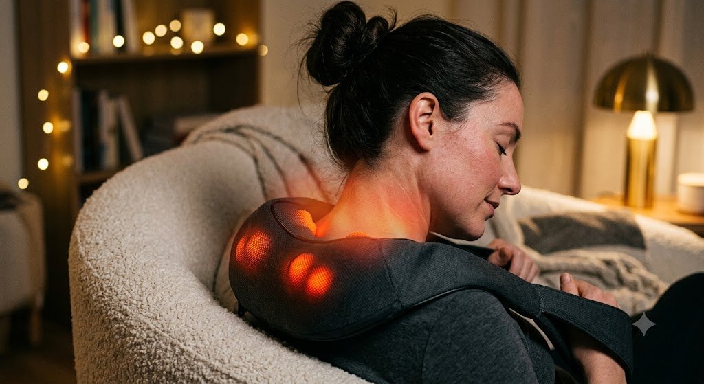 Close-up de colete massageador cervical aceso com calor infravermelho vermelho aplicado no pescoço de uma pessoa em ambiente aconchegante