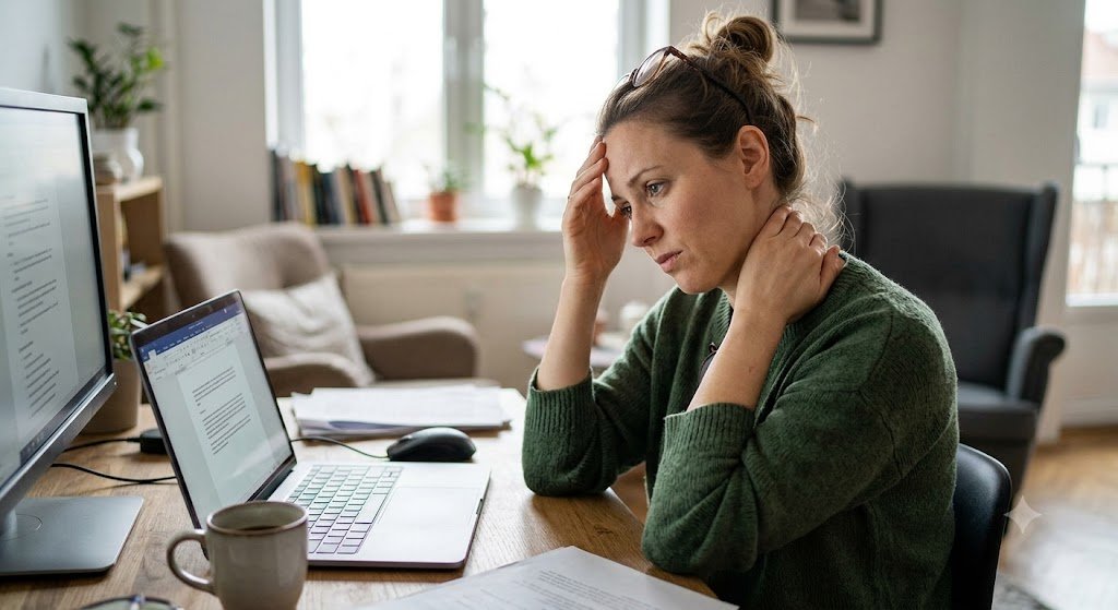Mulher em home office com a mão na nuca expressando cansaço e tensão no pescoço e ombros