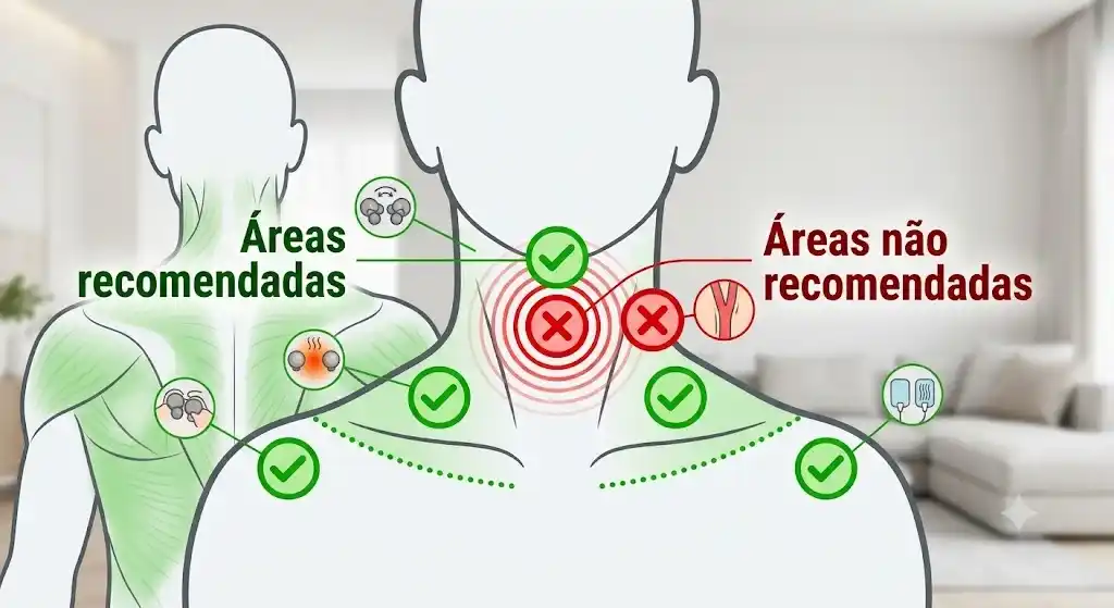 Silhueta do corpo humado indicando onde usar e não usar o massageador cervical